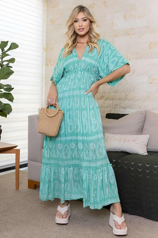 Vestido Boho Longo Aurora Celeste Crepe Linha Luxo