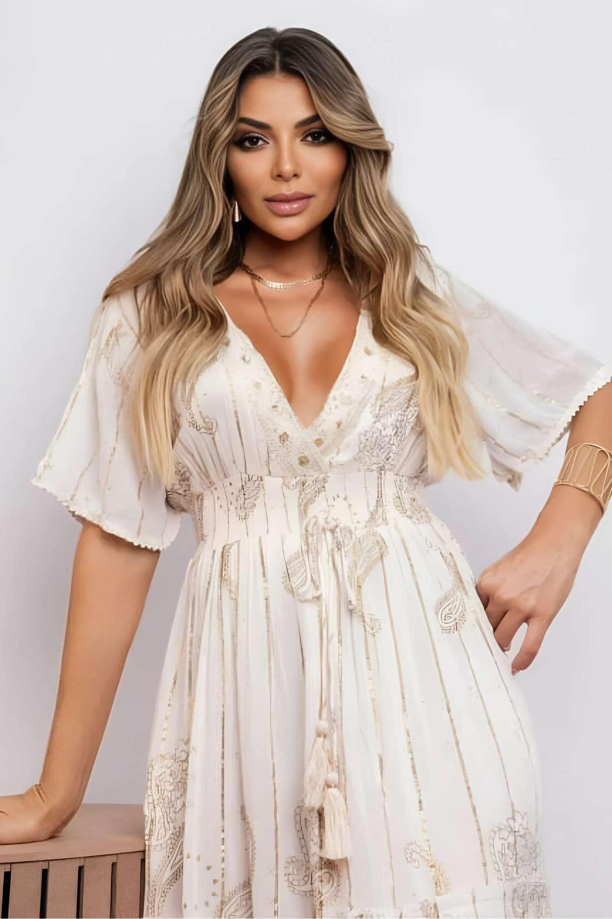 Vestido Boho Longo Aurora da Serra Bordado Linha Luxo.