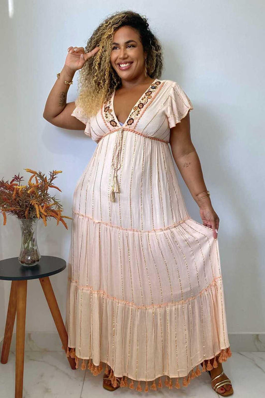 Vestido Longo Sonho do Alvorecer Bordado Coleção Luxo 8879