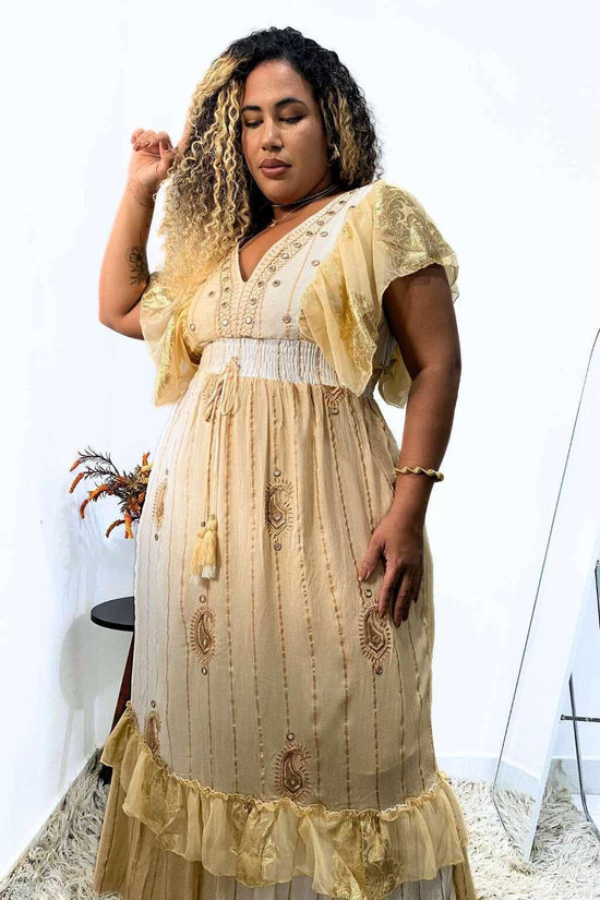 Vestido Boho Longo Encanto Dubai Bordado Coleção Luxo 4852