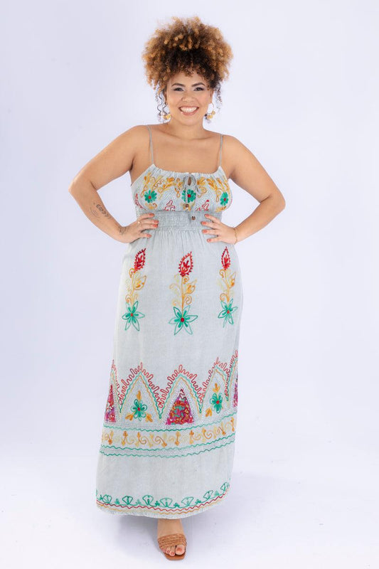Vestido Longo Luz de Angra Bordado Viscose Coleção Premium 3828