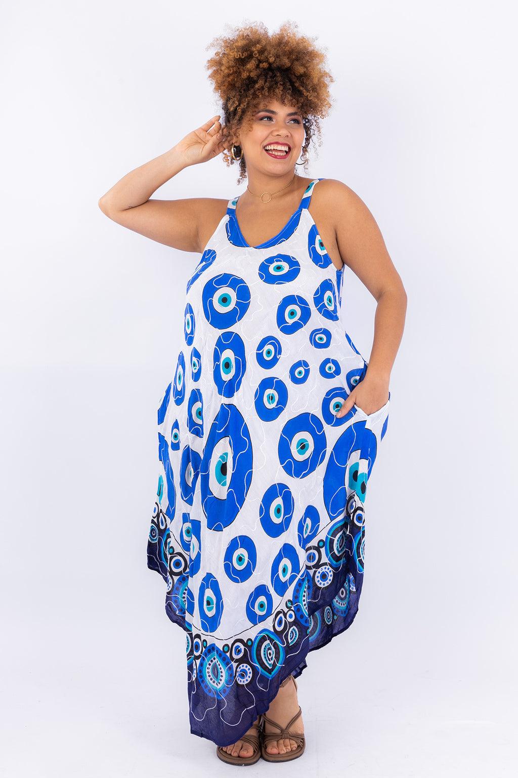 Vestido Olho Grego Celeste Ajustável Viscose Coleção Premium 8892