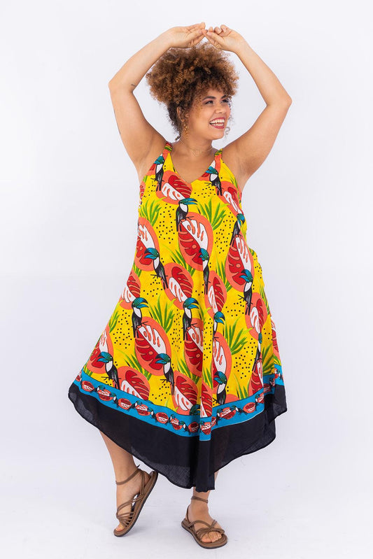 Vestido Trapézio Ajustável Alegria Tropical Viscose Ajustável Coleção Premium 4584