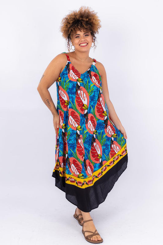 Vestido Trapézio Ajustável Alegria Tropical Viscose Ajustável Coleção Premium 194