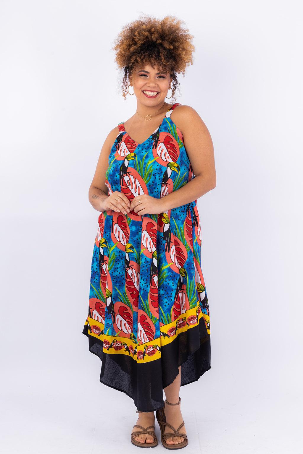 Vestido Trapézio Ajustável Alegria Tropical Viscose Ajustável Coleção Premium 194
