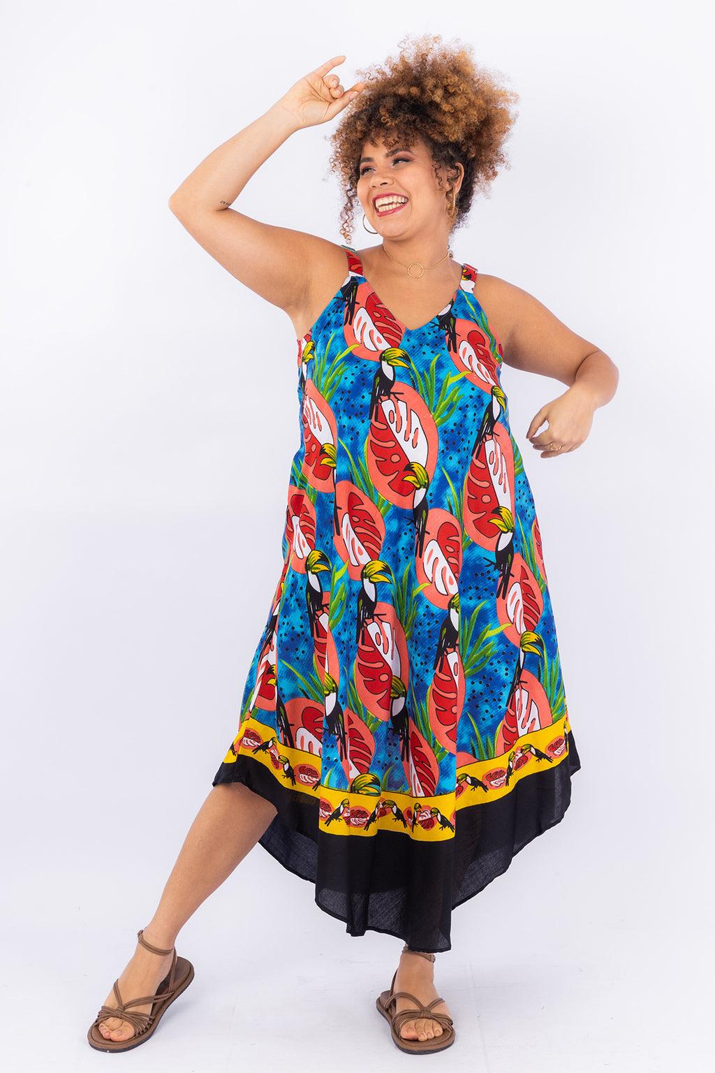 Vestido Trapézio Ajustável Alegria Tropical Viscose Ajustável Coleção Premium 194