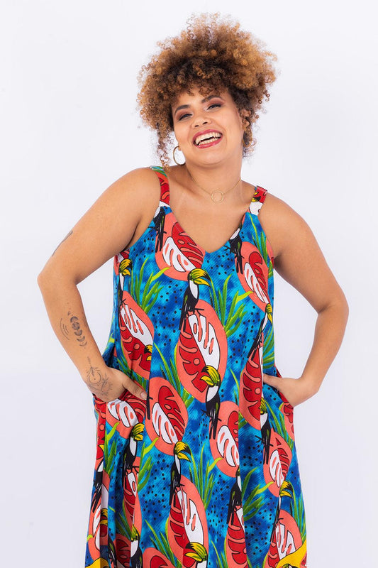 Vestido Trapézio Ajustável Alegria Tropical Viscose Ajustável Coleção Premium 194