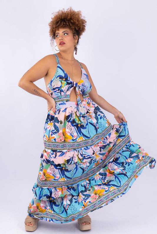 Vestido Tropical Longo Boho Chic Seda Indiana Coleção Luxo 4383