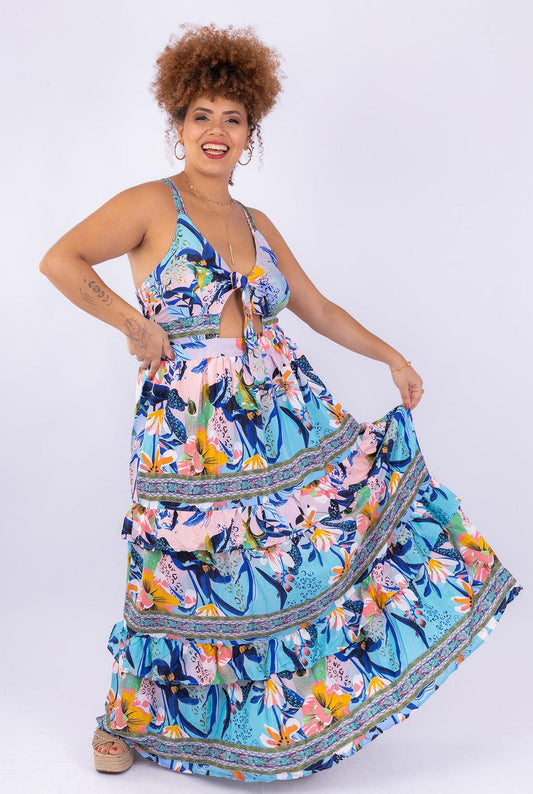 Vestido Tropical Longo Boho Chic Seda Indiana Coleção Luxo 4383
