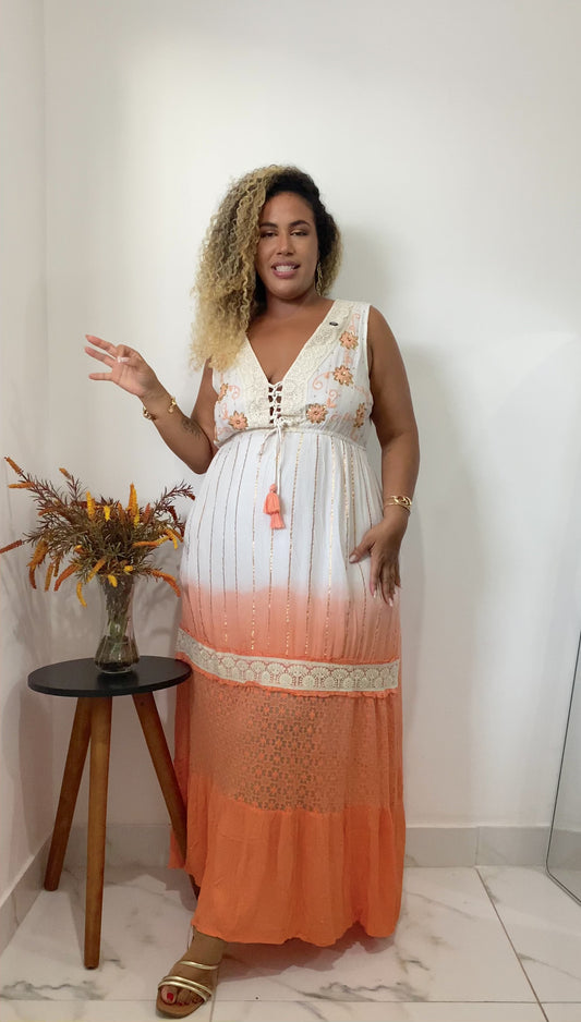 Vestido Longo Luz do Mediterrâneo Bordado Coleção Luxo Boho