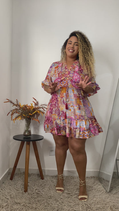 Vestido Boho Curto Vista da Serra Seda Indiana Coleção Premium 7755.
