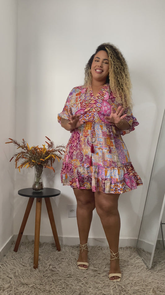 Vestido Boho Curto Vista da Serra Seda Indiana Coleção Premium 7755