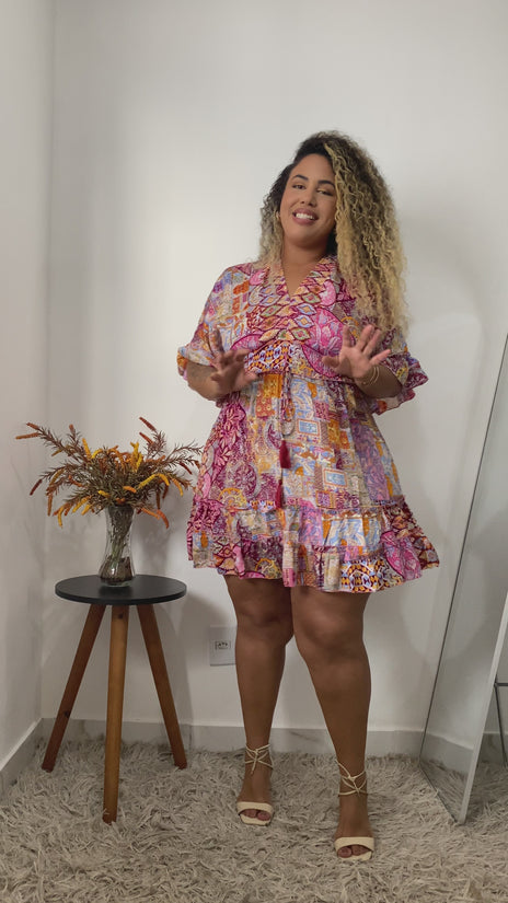 Vestido Boho Curto Vista da Serra Seda Indiana Coleção Premium 7755