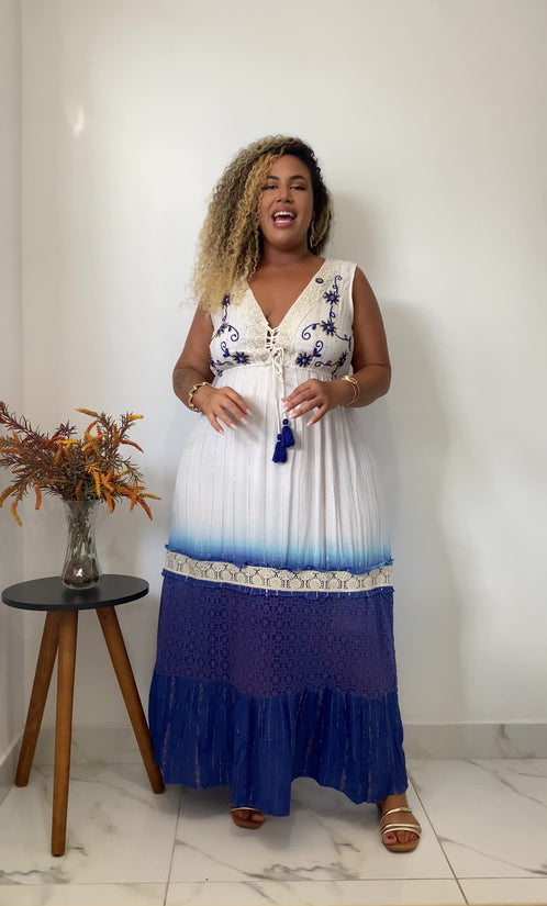 Vestido Longo Luz do Mediterrâneo Bordado Coleção Luxo 5462