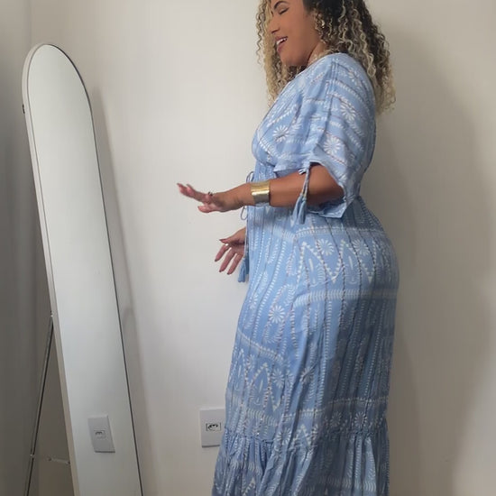 Vestido Boho Longo Aurora Celeste Crepe Linha Luxo.
