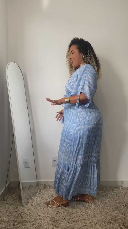 Vestido Boho Longo Aurora Celeste Crepe Linha Luxo