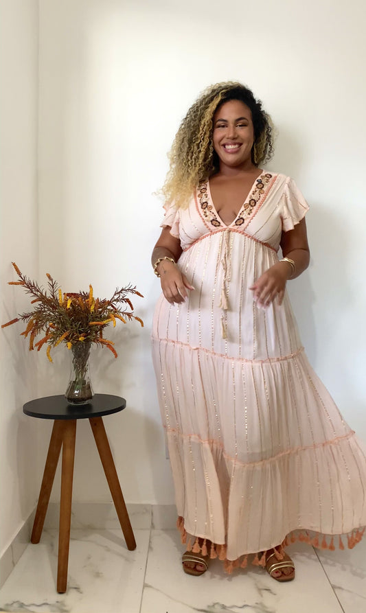 Vestido Longo Sonho do Alvorecer Bordado Coleção Luxo 8879