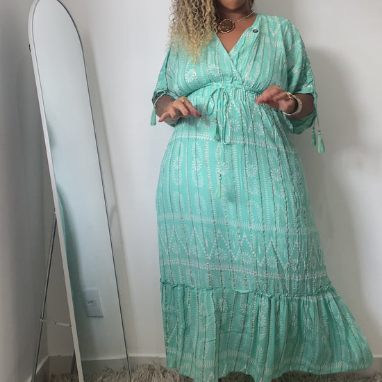 Vestido Boho Longo Aurora Celeste Crepe Linha Luxo.