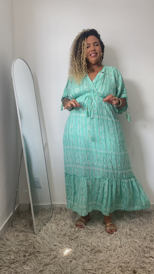 Vestido Boho Longo Aurora Celeste Crepe Linha Luxo