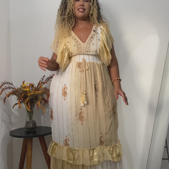 Vestido Boho Longo Encanto Dubai Bordado Coleção Luxo 4852.