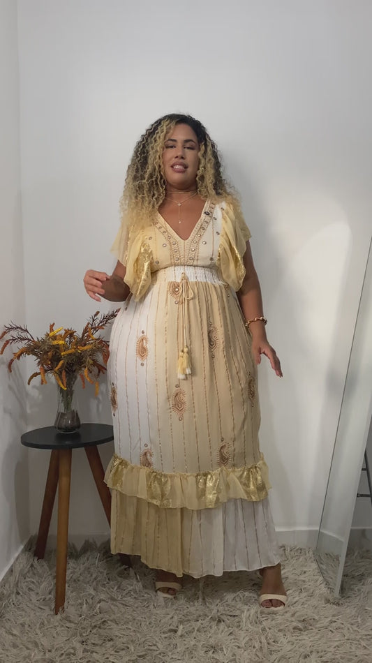 Vestido Boho Longo Encanto Dubai Bordado Coleção Luxo 4852