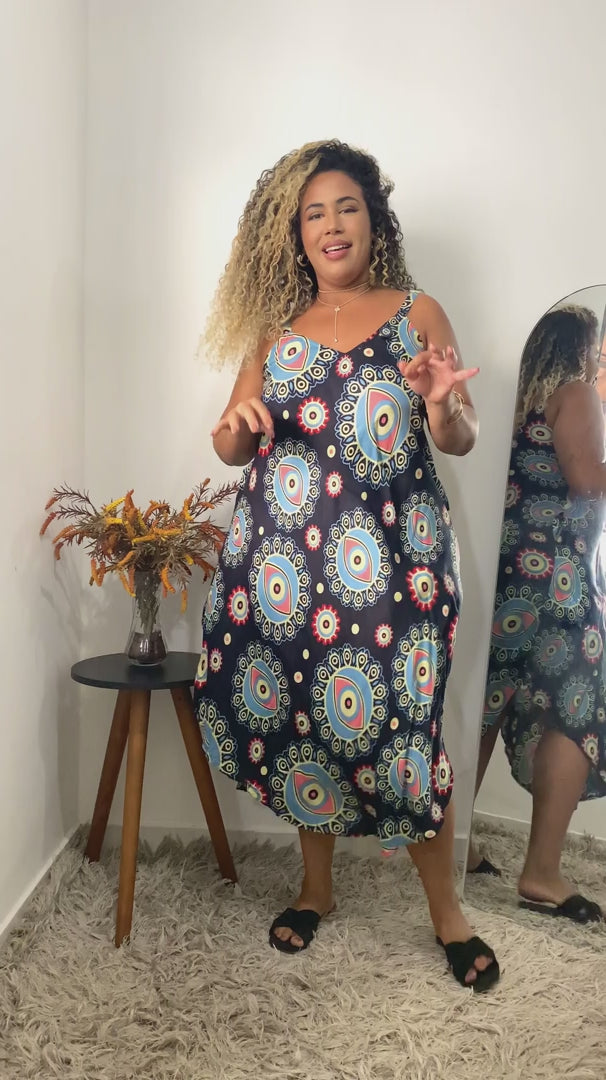 Vestido Trapézio Ajustável Olho Grego Viscose.
