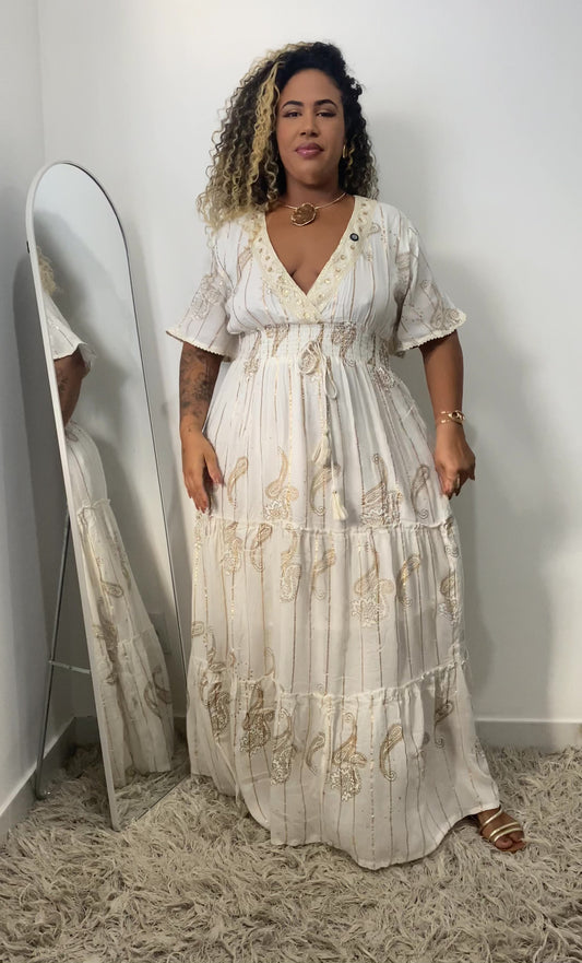 Vestido Boho Longo Aurora da Serra Bordado Linha Luxo