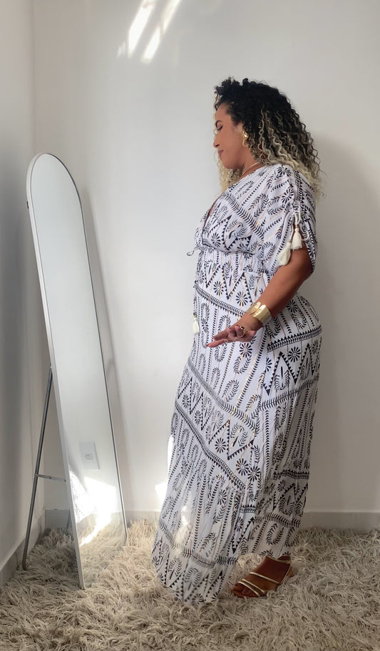 Vestido Boho Longo Aurora Celeste Crepe Linha Luxo