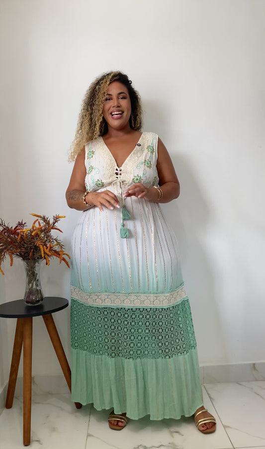Vestido Longo Luz do Mediterrâneo Bordado Coleção Luxo 9278