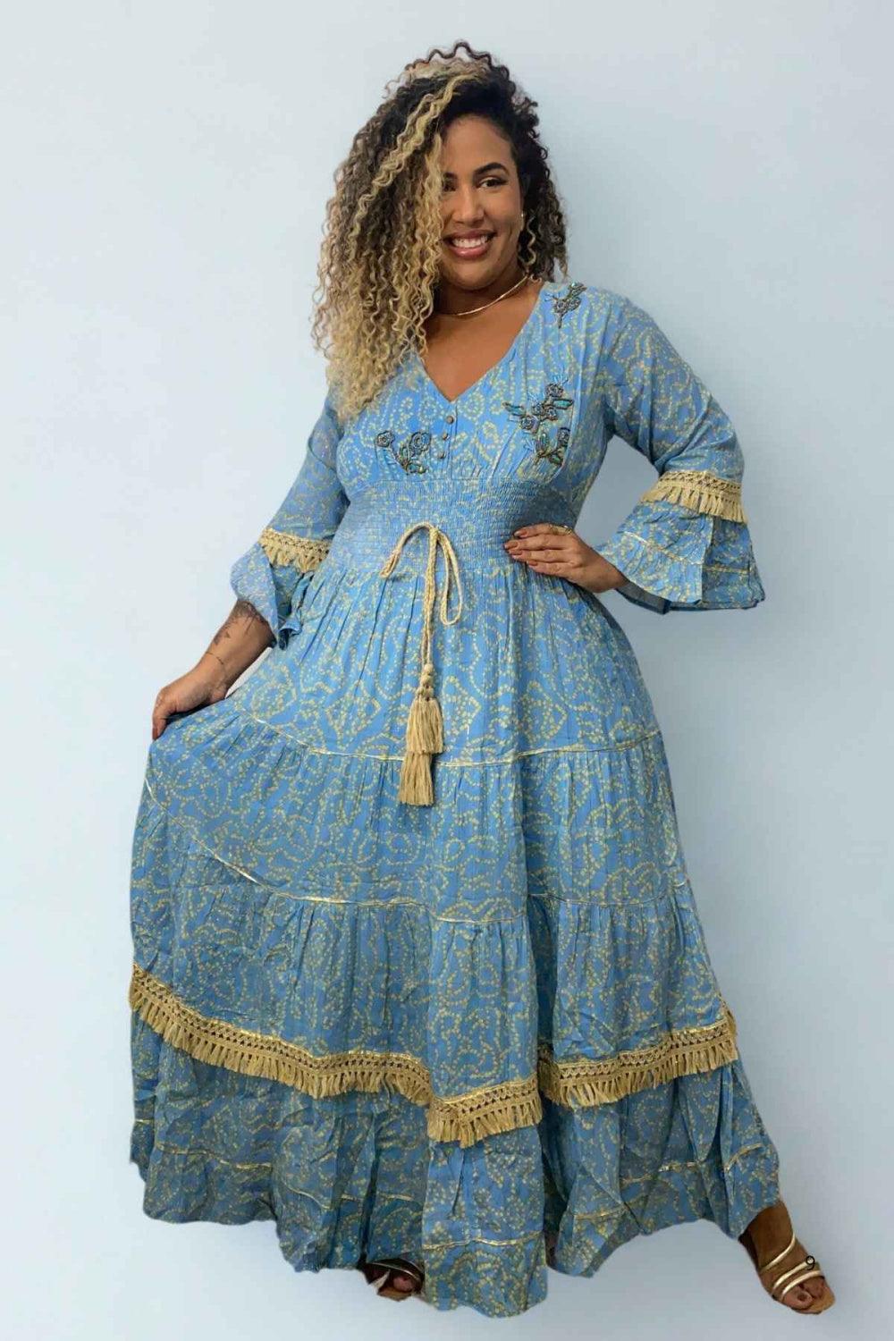 Vestido Boho Longo Alma Livre Bordado Linha Luxo.