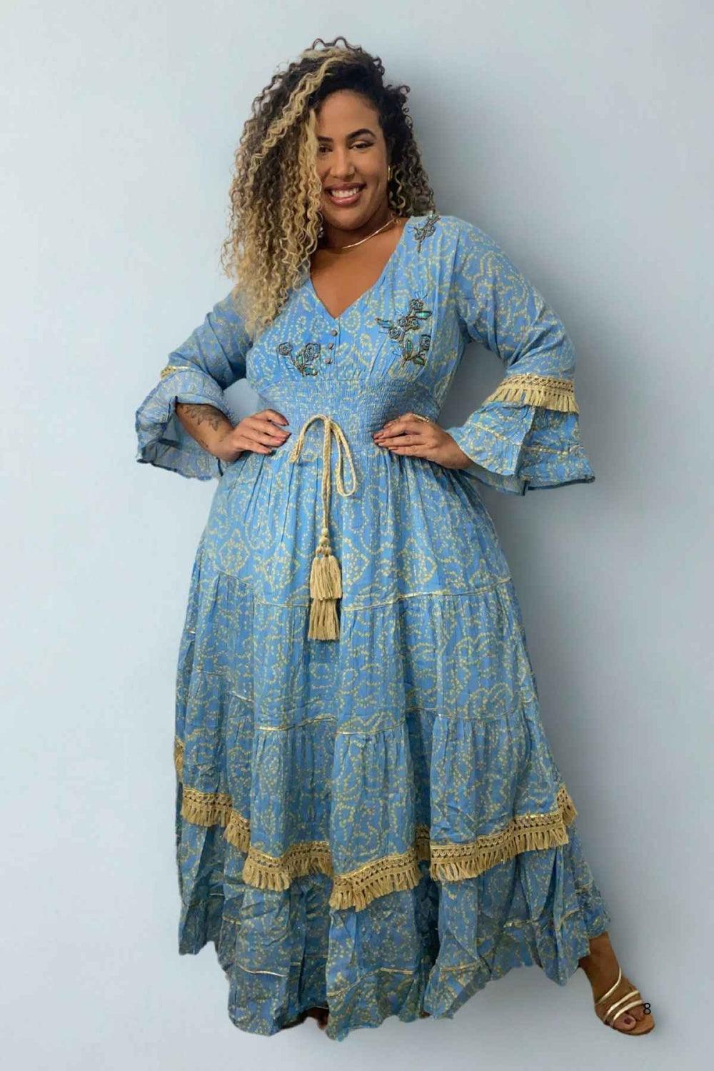 Vestido Boho Longo Alma Livre Bordado Linha Luxo.