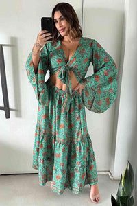 Vestido Boho Longo Aurora Celeste Crepe Linha Luxo.