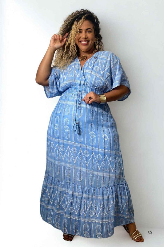Vestido Boho Longo Aurora Celeste Crepe Linha Luxo