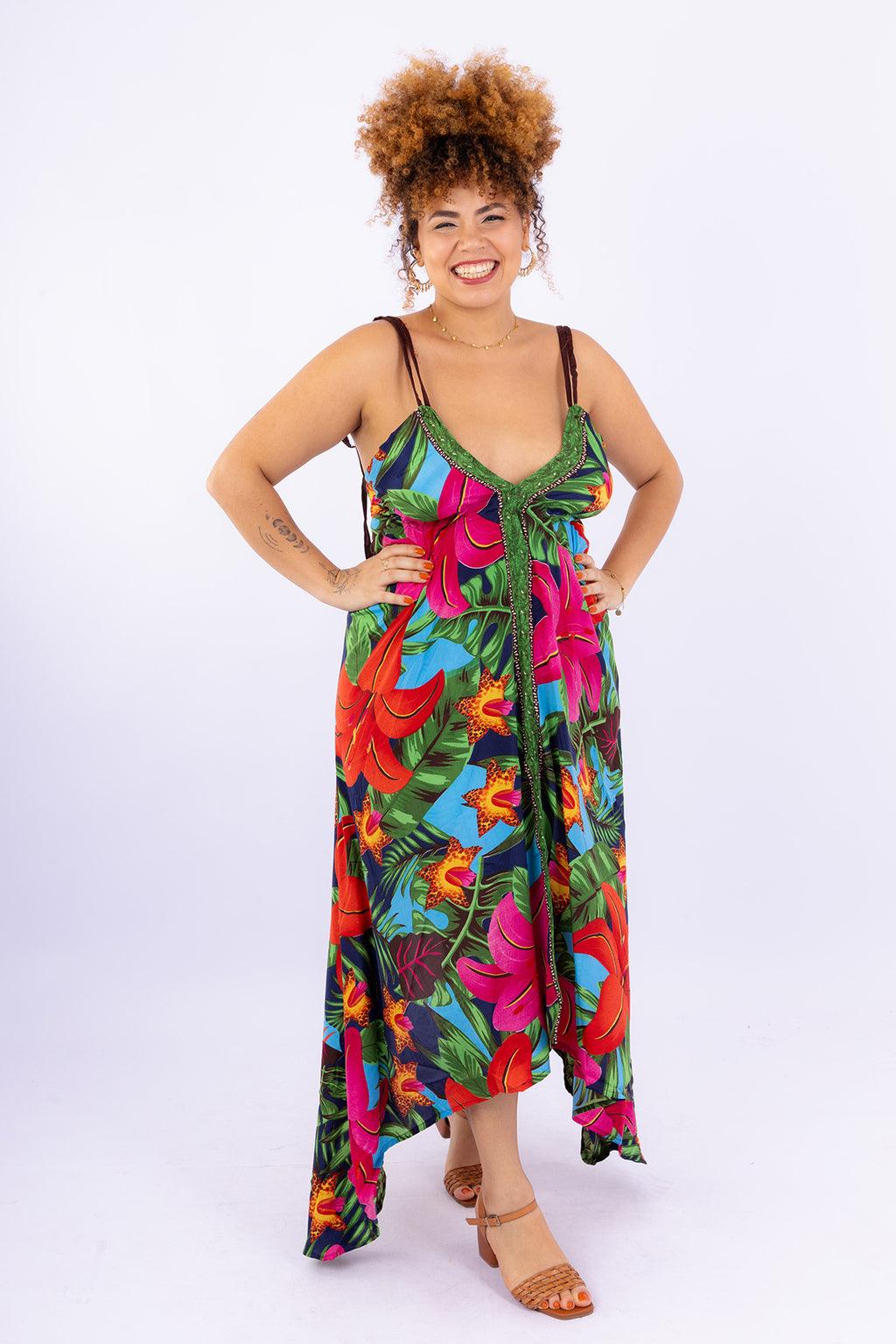 Vestido Explosão Tropical Longo Boho Retrô Coleção Premium 3157 - Indra Moda Indiana