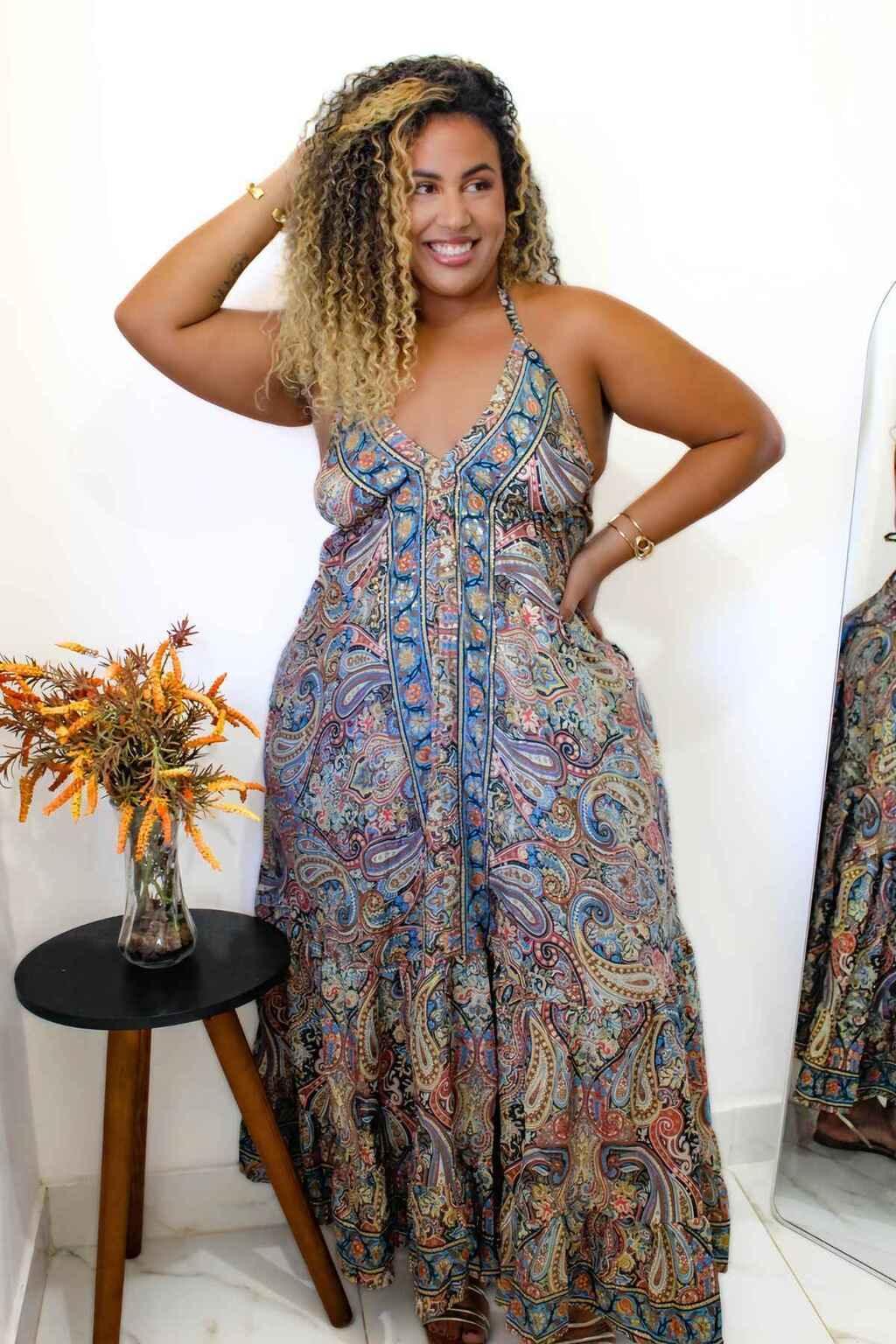 Vestido Indiano Longo Encanto Paisley Seda Coleção Premiu - Indra Moda Indiana