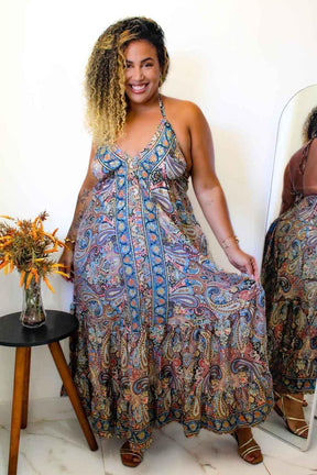 Vestido Indiano Longo Encanto Paisley Seda Coleção Premiu - Indra Moda Indiana