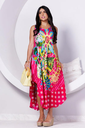 Vestido Trapézio Ajustável Explosão Alegria Viscose Ajustável Coleção Premium 7038 - Indra Moda Indiana