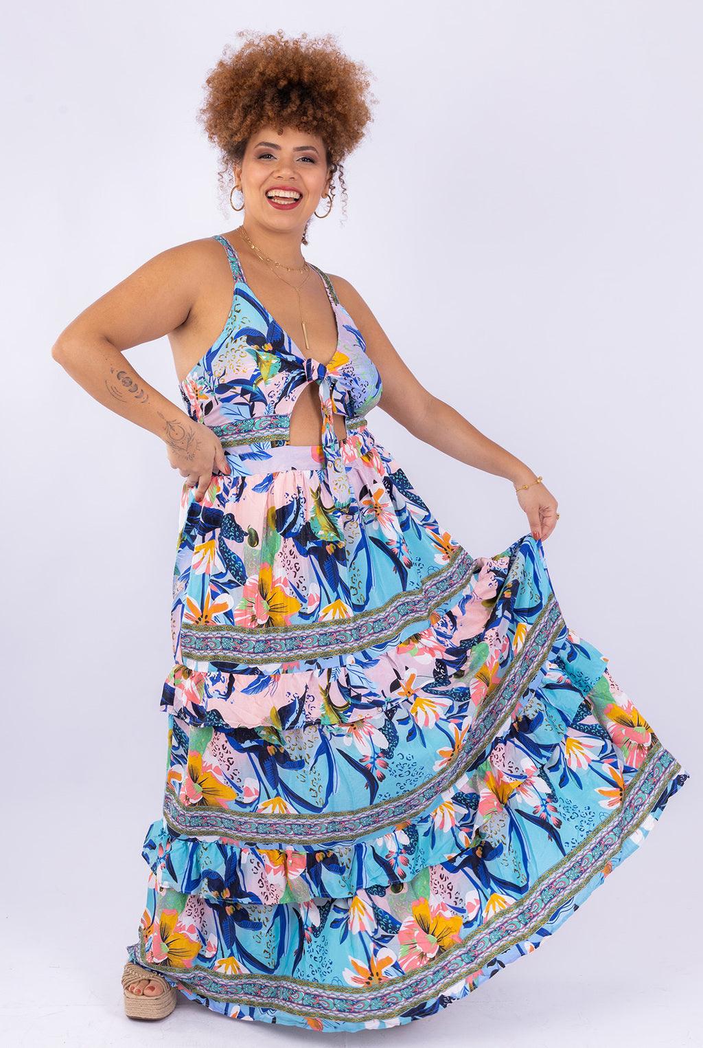 Vestido Tropical Longo Boho Chic Seda Indiana Coleção Luxo 4383 - Indra Moda Indiana