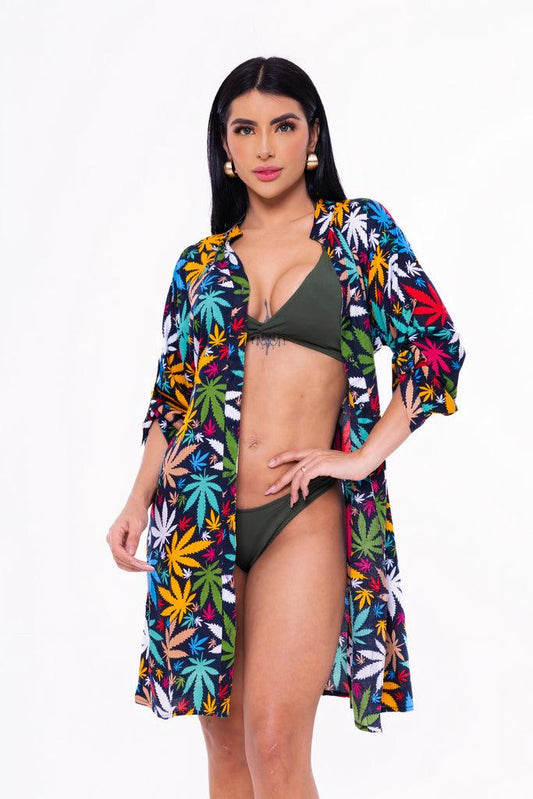 Bata Indiana chamise Longuete Praia Ajustável Manga Longa Viscose Coleção Elegance 5168