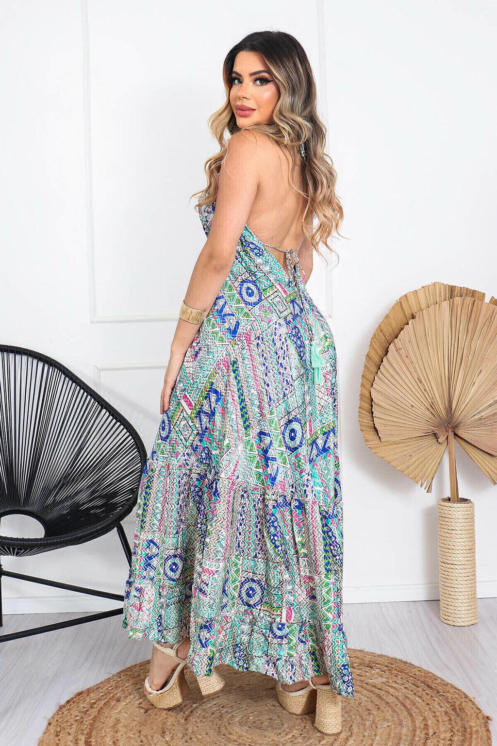 Vestido Longo Vibe Étnica Ajustável Boho Vintage Coleção Premium 8915.