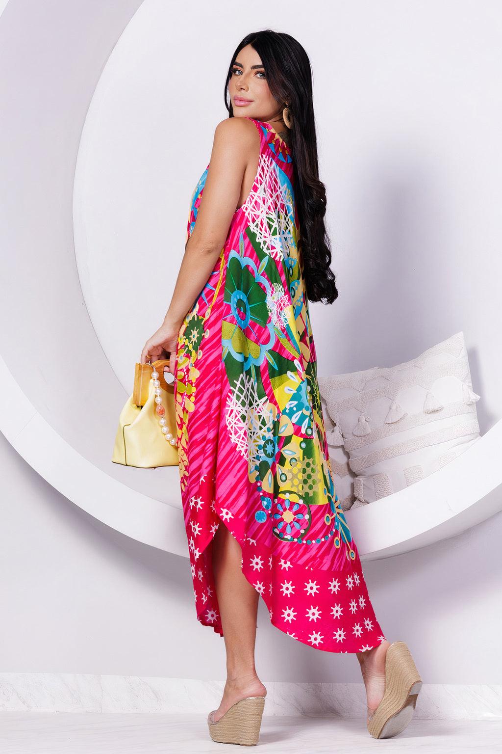 vestido trapézio ajustável explosão alegria viscose ajustável coleção premium 7038.
